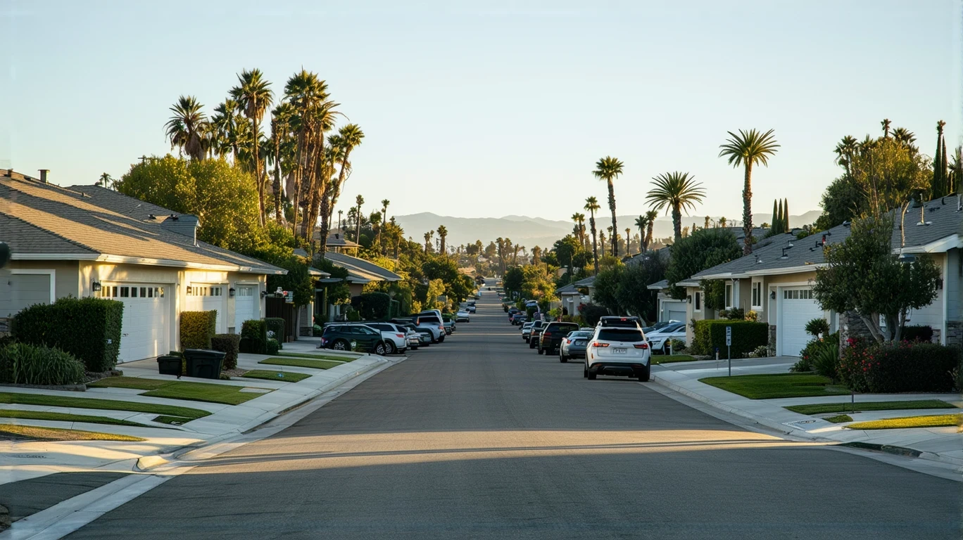 Quiet residential street in Encinitas, California with modern homes, tidy yards, and a few residents doing everyday activities.