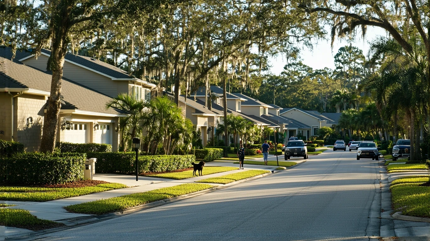 A quiet suburban street in Wesley Chapel, Florida on a sunny morning