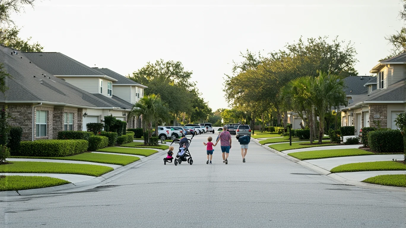 A young family walks down a sidewalk in a quiet suburban neighborhood in Lutz, Florida, with ranch and craftsman-style houses visible in the background.