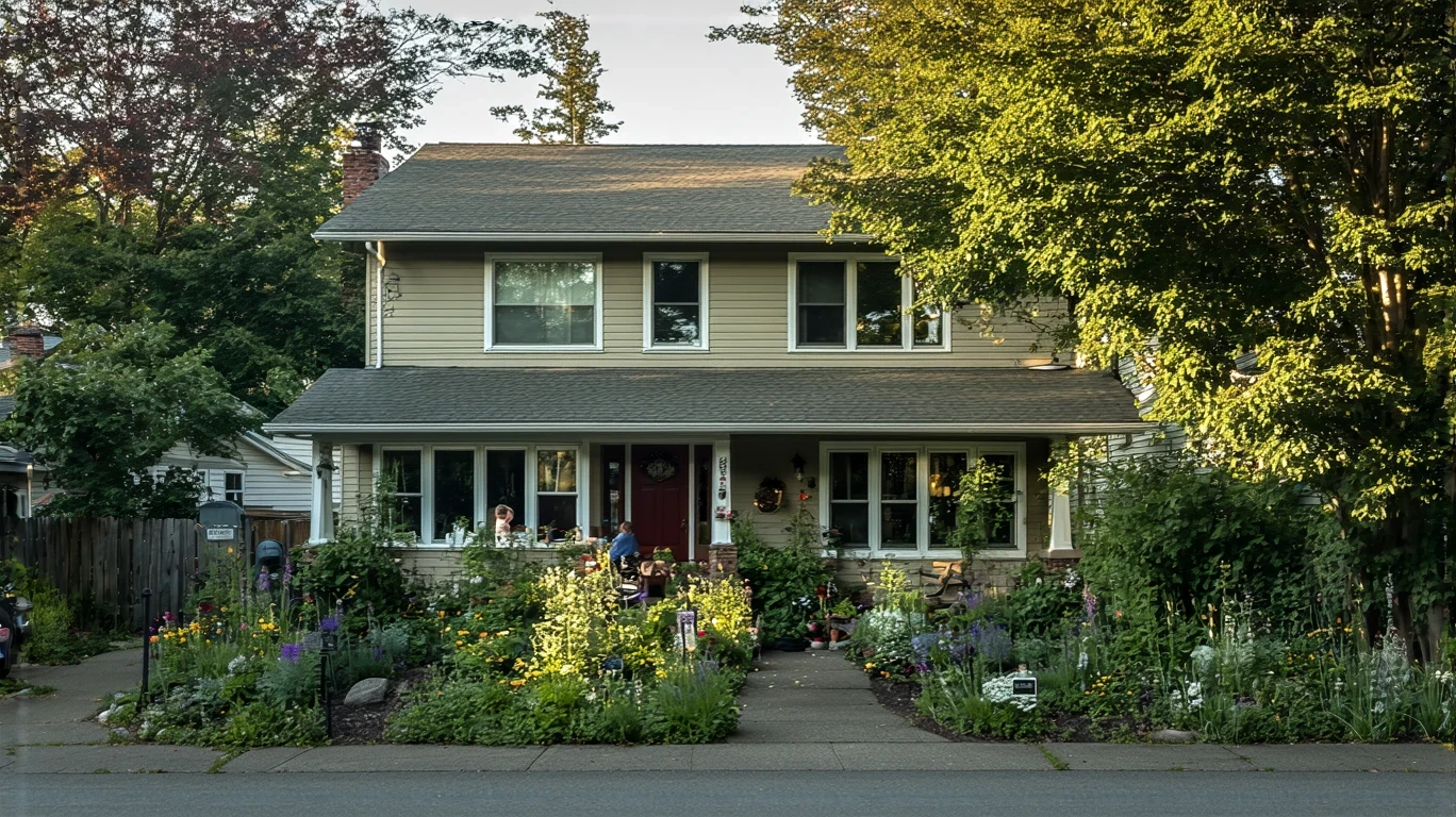 A young family outside a craftsman-style home in a quiet Auburn neighborhood
