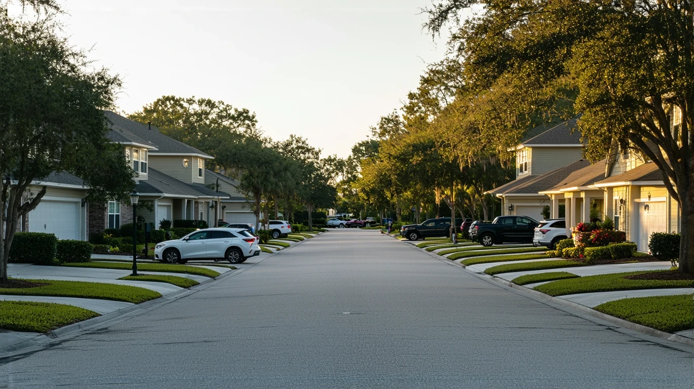 Residential street in St Cloud, Florida with craftsman-style homes and parked cars on a sunny day