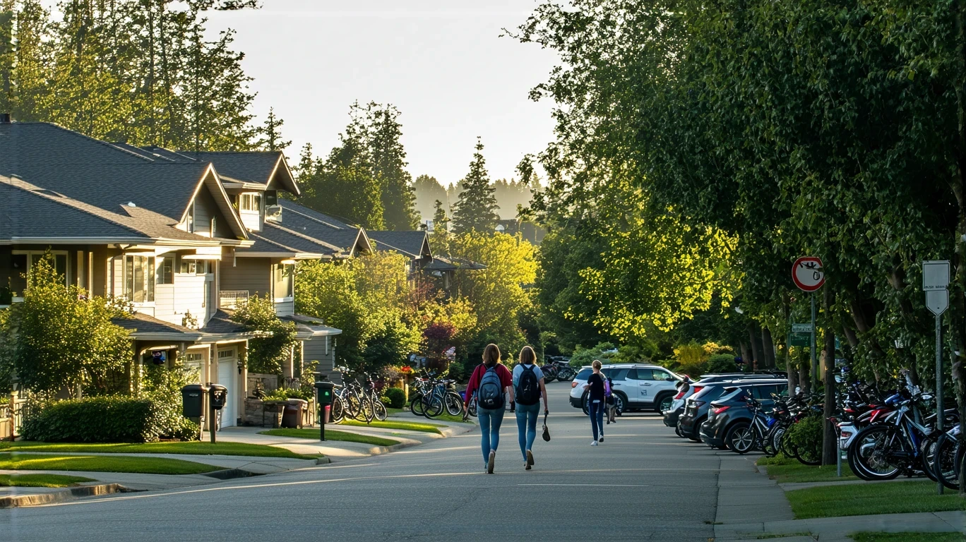 Bothell, Washington street lined with craftsman homes and UW Bothell students walking and socializing on a sunny day.