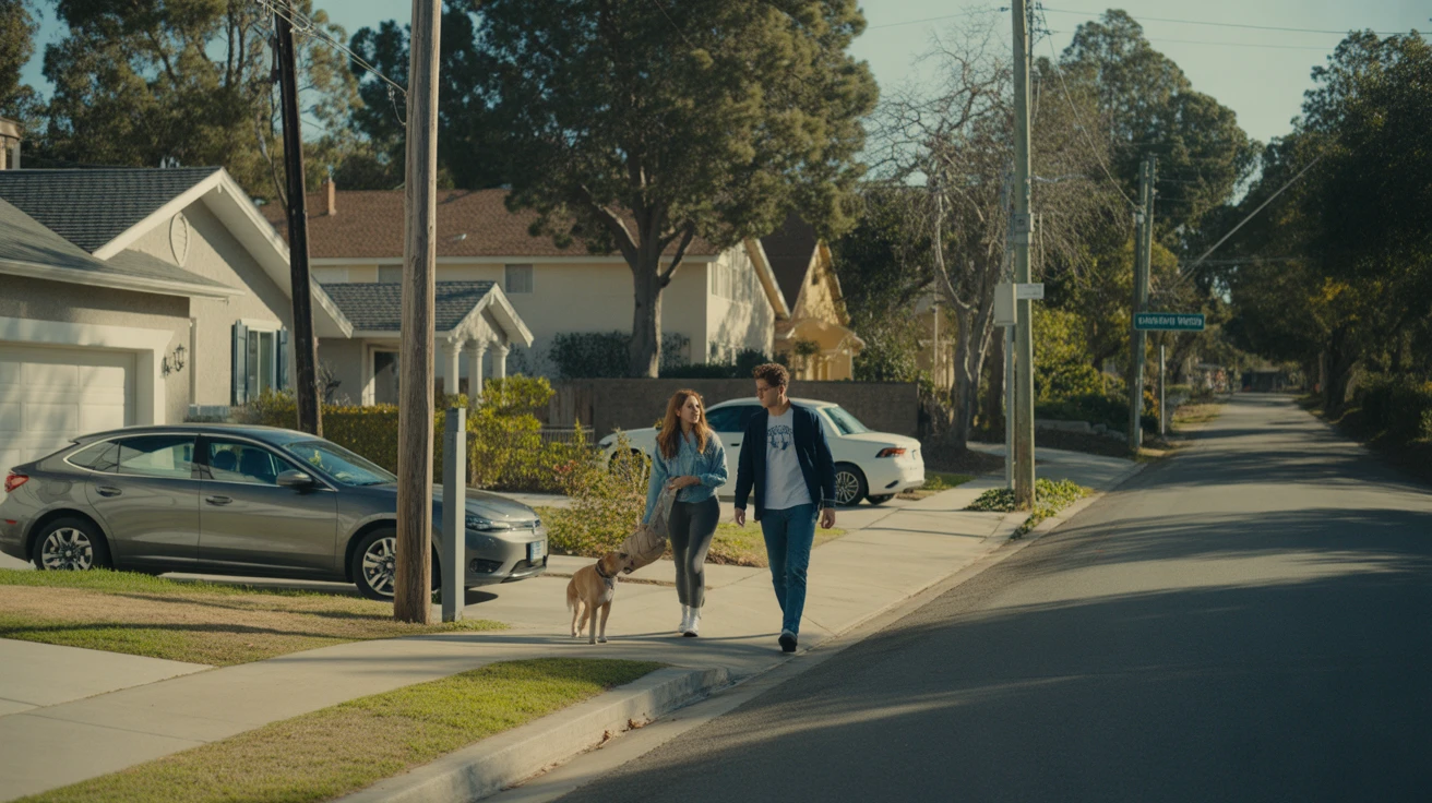 A couple walking their dog on a sidewalk in a quiet Vista, California neighborhood with modern homes and tidy yards.