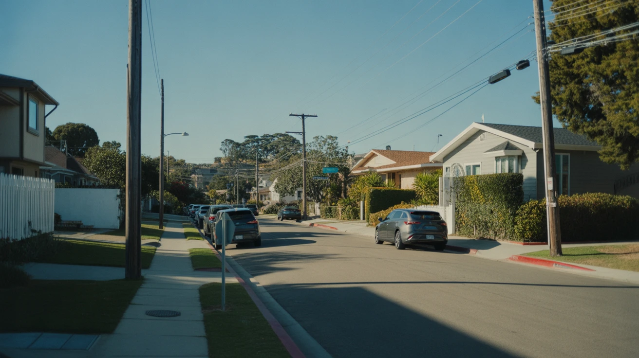Quiet suburban street in San Diego with a few parked cars and modest single-family homes.