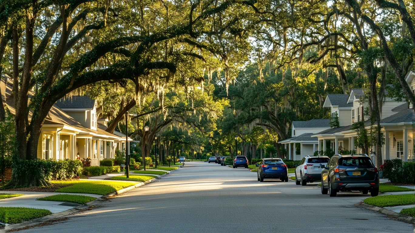A peaceful residential street in St Cloud, Florida with sunlight filtering through maple trees
