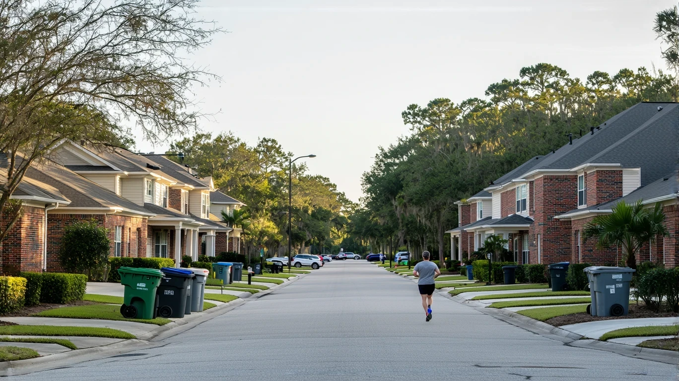 A person jogging past red-brick homes on a residential street in Kissimmee, Florida