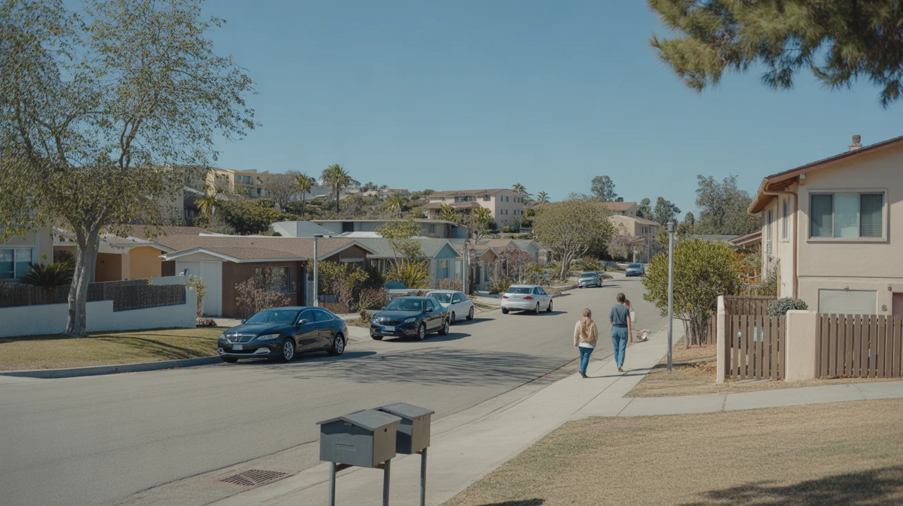 A residential street in Vista, California with modern single-family homes and small apartment buildings on a sunny day.