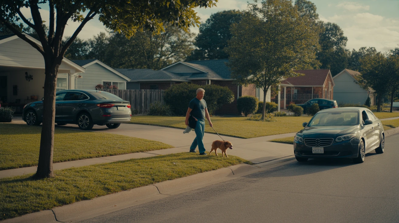 A man walks his dog past a modest suburban home in Gallatin, Tennessee on a partly cloudy afternoon.