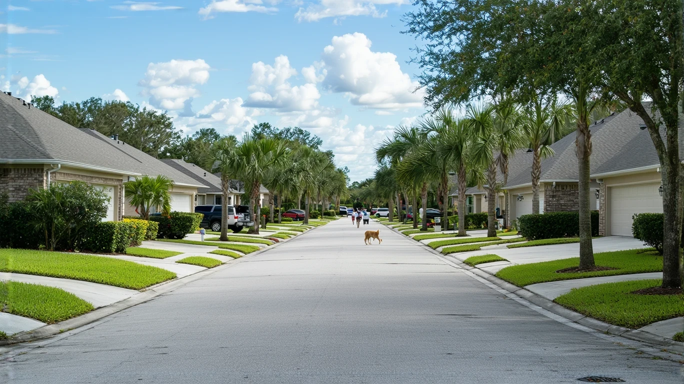A sunny suburban street in Lutz, Florida lined with well-kept stucco homes, tidy landscaping, and palm trees.