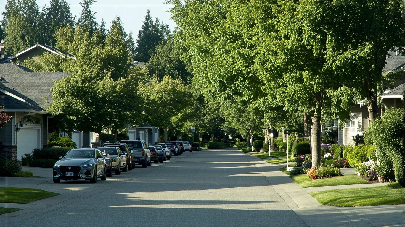 Quiet residential street in Federal Way, WA with craftsman-style homes and basketball hoops.