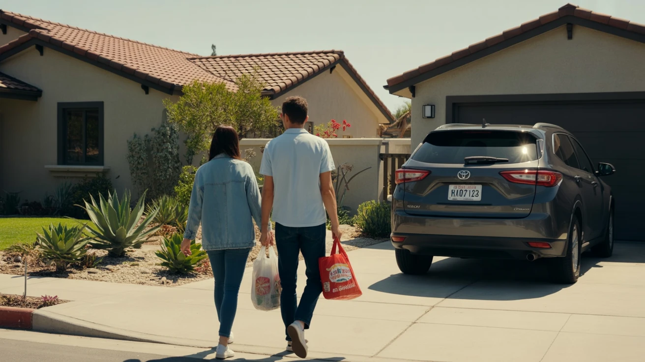 Front yard of a modern stucco home in Chula Vista with drought-tolerant landscaping, a couple carrying groceries up the driveway.