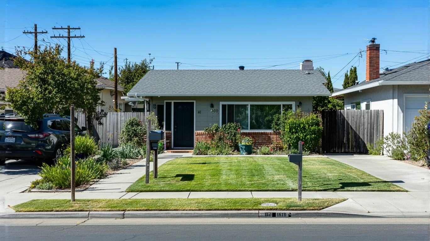 Front yard of a modern home in Escondido with drought-tolerant landscaping and driveway.