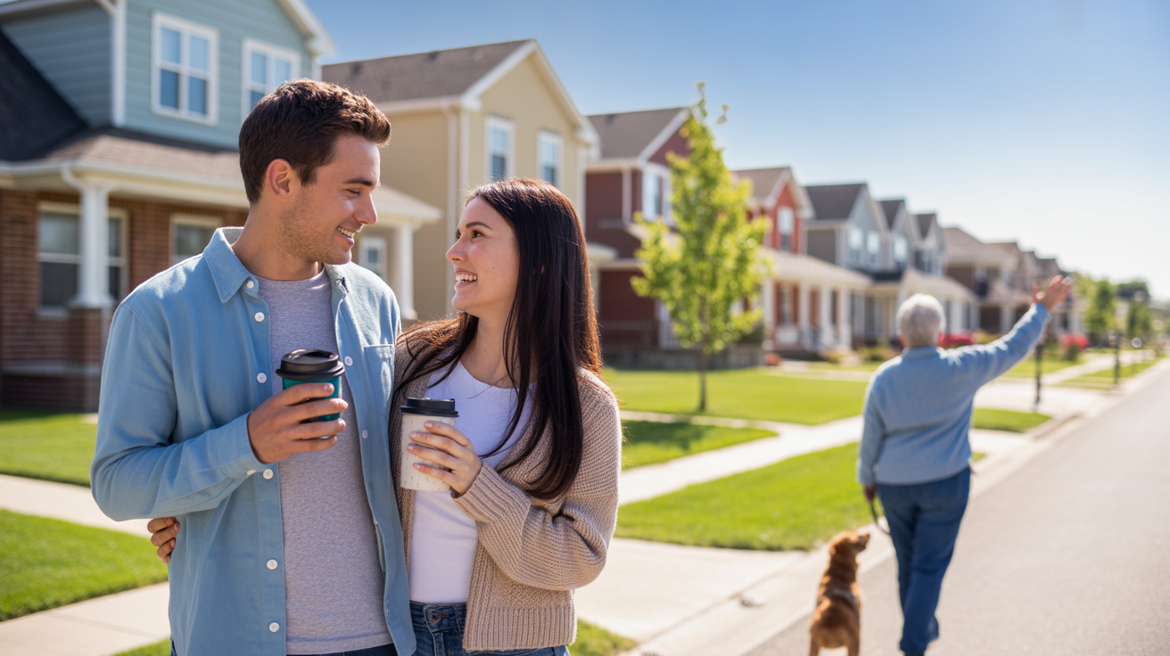 A young couple standing in the driveway of their new suburban home in Cicero, Illinois