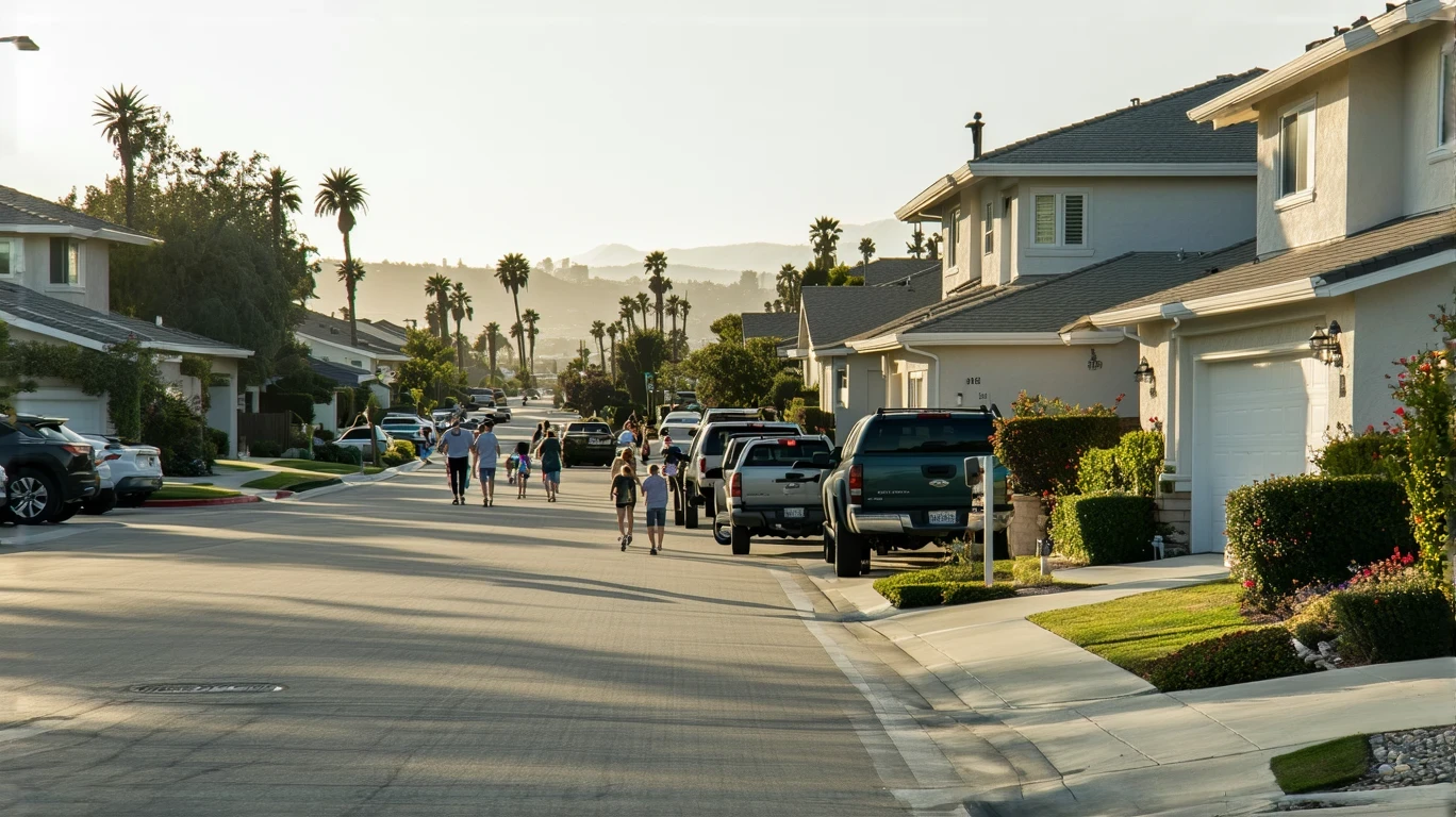 A sunny residential street in Oceanside, CA with a young family walking on the sidewalk past drought-tolerant front yard landscaping and two parked cars.
