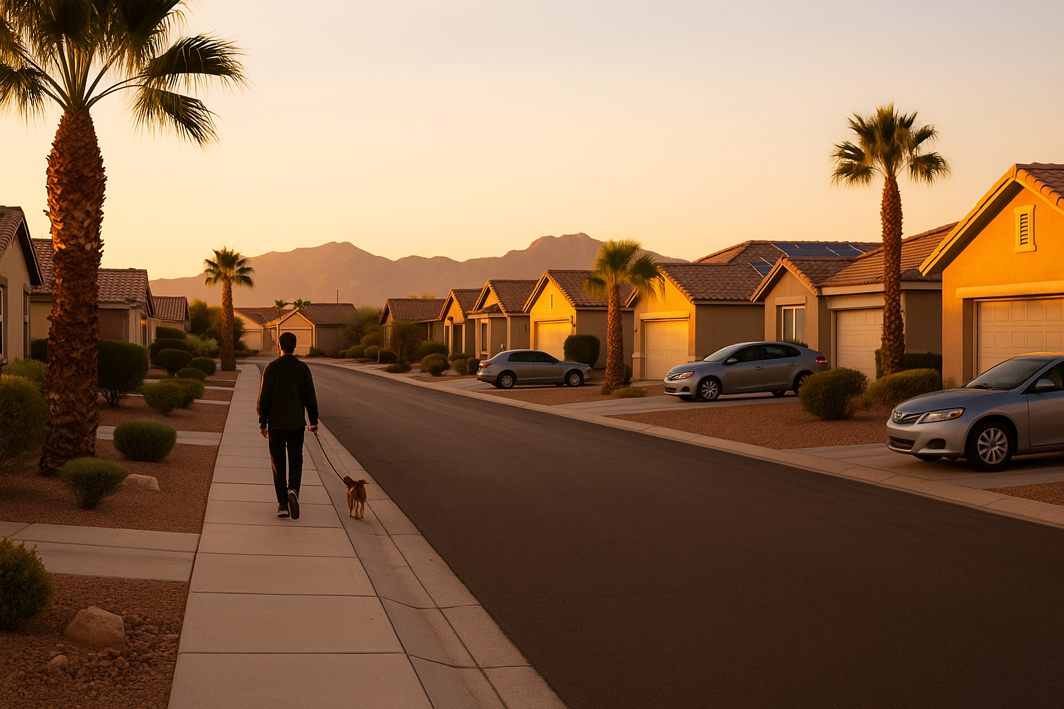 A person walks a dog down a suburban sidewalk in Enterprise, Nevada at sunrise.