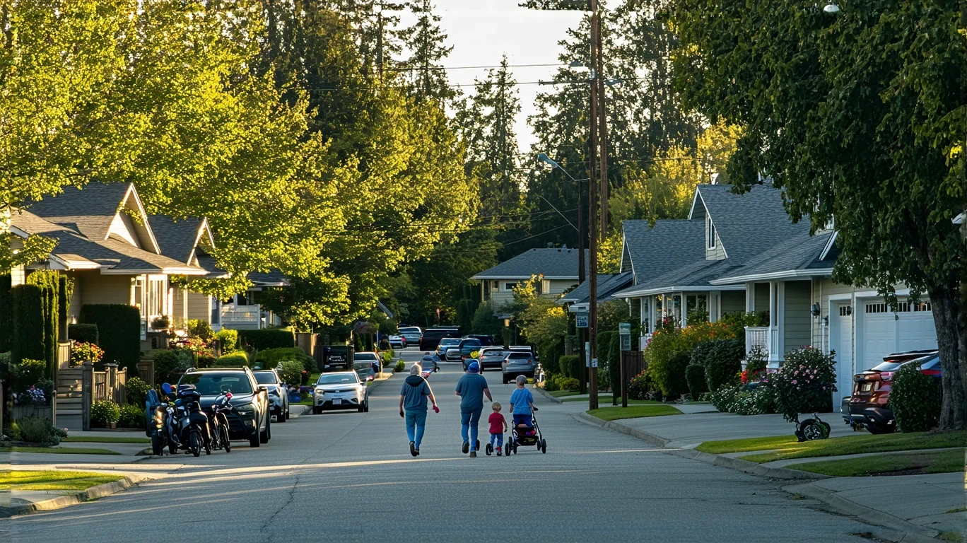 A young family walks along a sidewalk in a peaceful Kirkland neighborhood with craftsman-style homes and tidy landscaping.