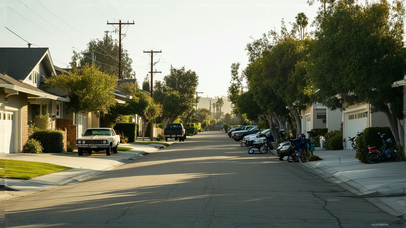 A sunny residential street in Lemon Grove, California lined with modest single-family homes and a few parked cars.
