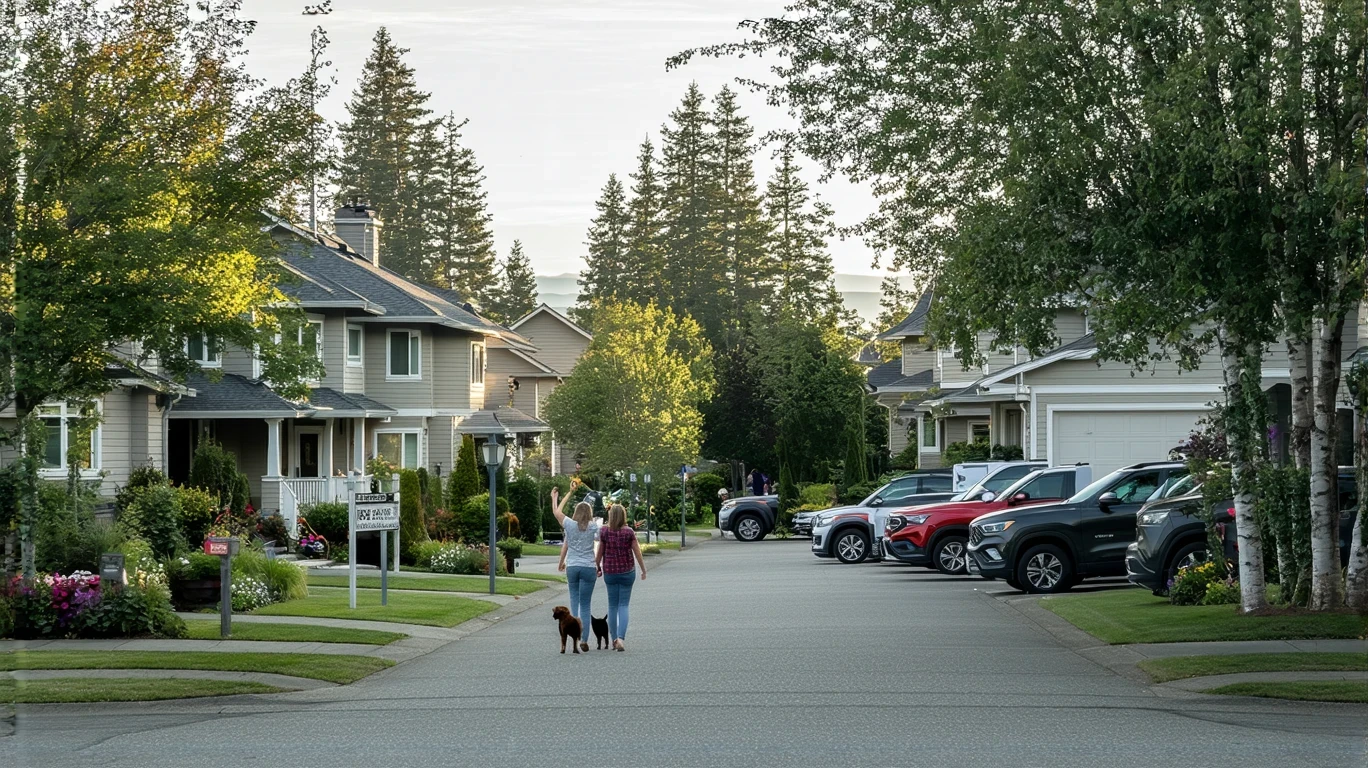 A quiet suburban street in Everett, WA with craftsman homes, parked cars, and residents walking and gardening.