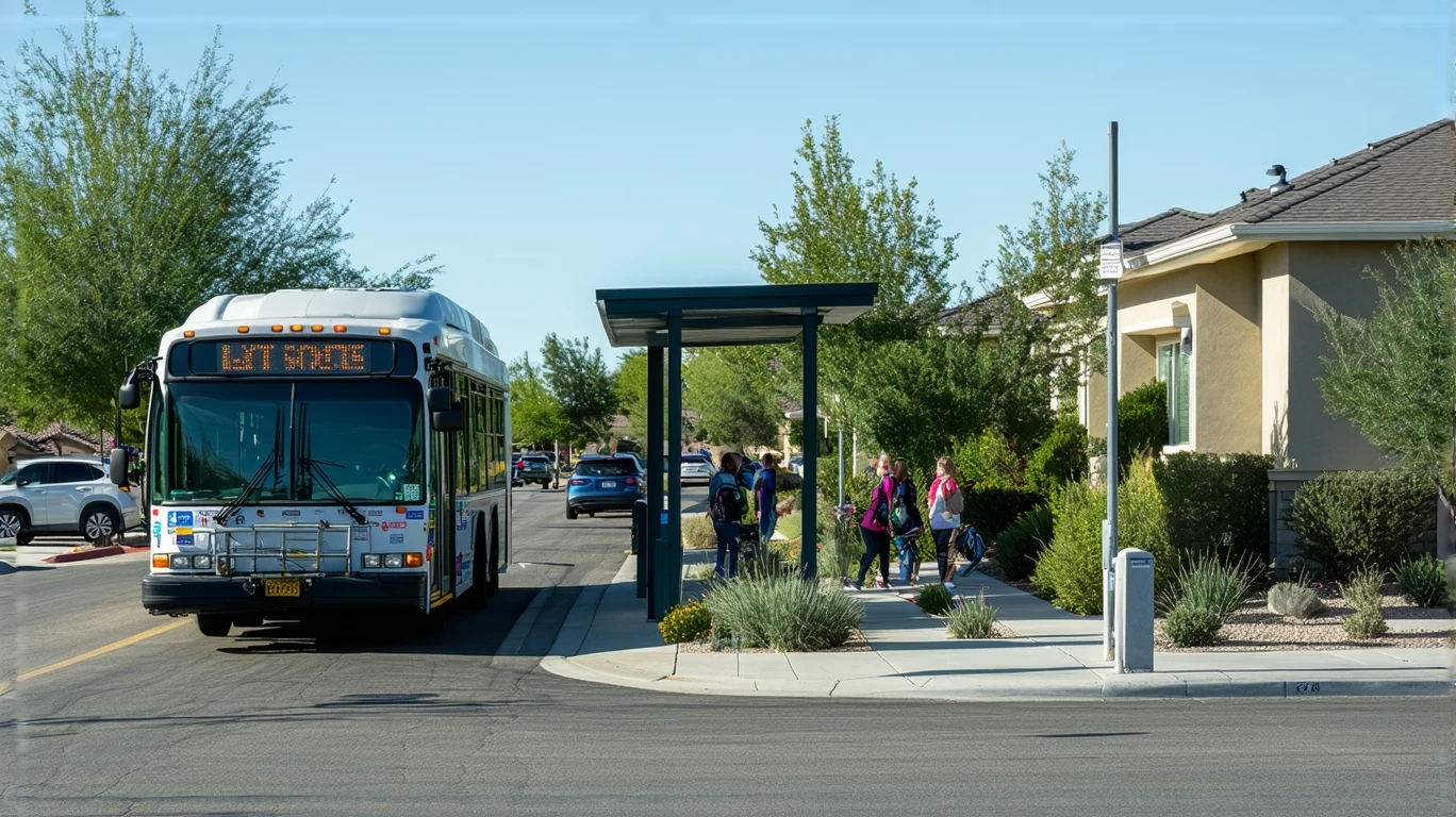 A Blue Diamond city bus stopped at a suburban bus shelter as passengers board