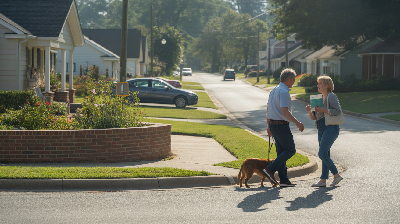 A quiet suburban street corner in Holly Springs, NC with a low brick wall, native plants, and two neighbors chatting on the sidewalk.