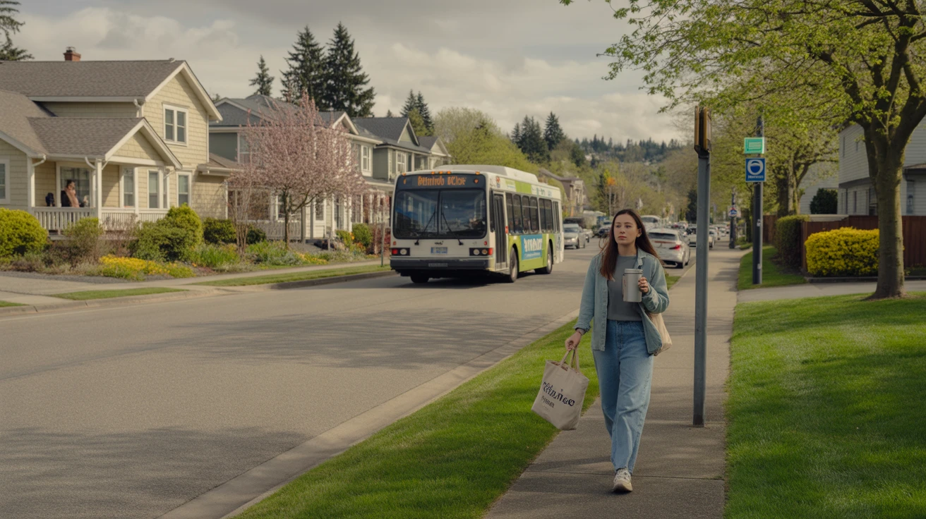 A Valley Metro bus drives past craftsman homes on a residential street in Renton, Washington as a young woman walks to the bus stop.