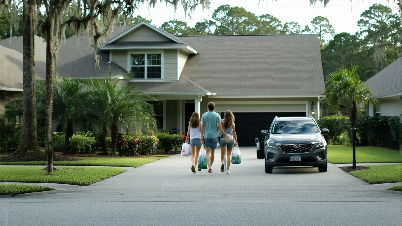 A couple carrying groceries up the driveway of their craftsman home in a Maitland neighborhood