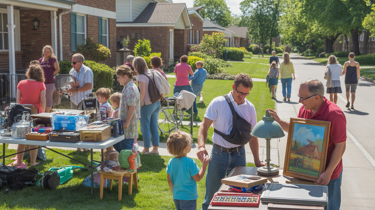 Neighbors mingle at garage sales in a Skokie condo and single-family home driveway on a sunny day