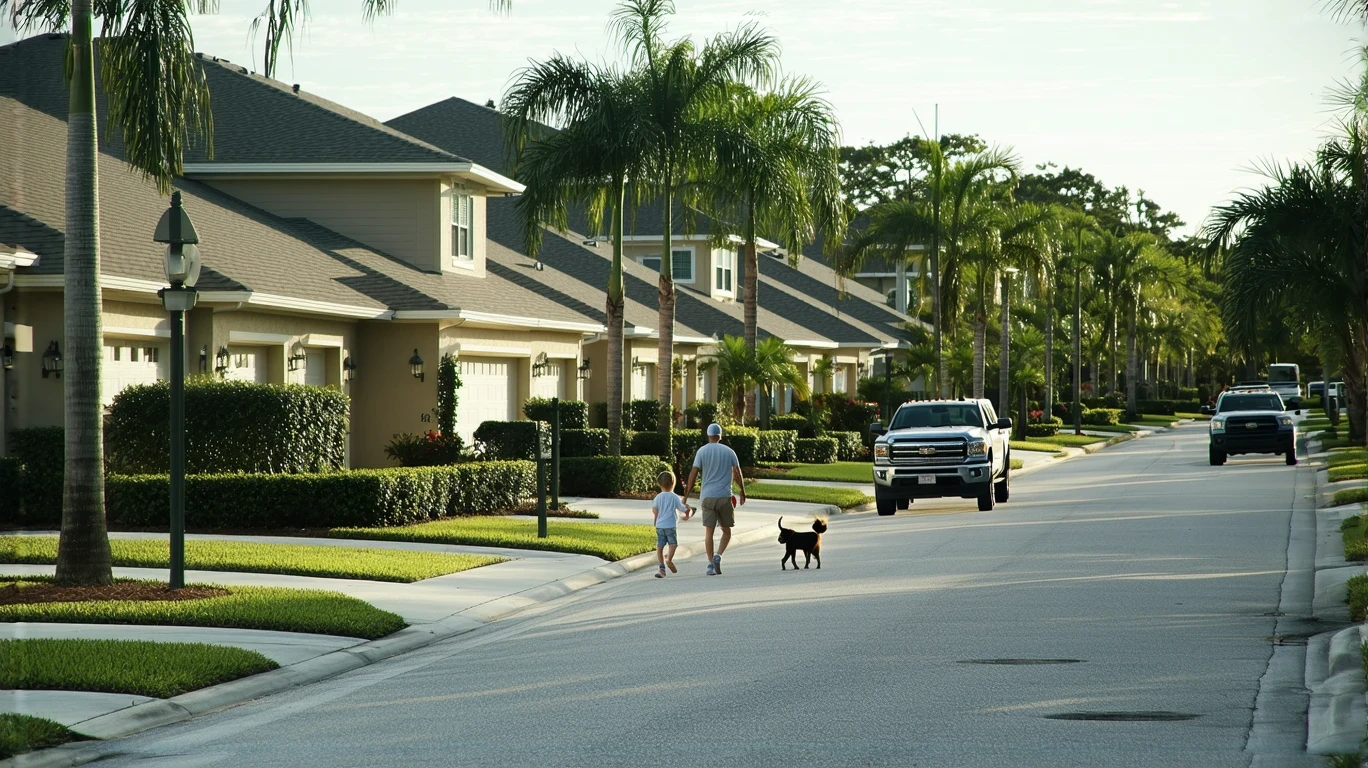 A father and daughter walk their dog on a quiet residential street in Wesley Chapel, Florida lined with well-kept stucco homes and palm trees.