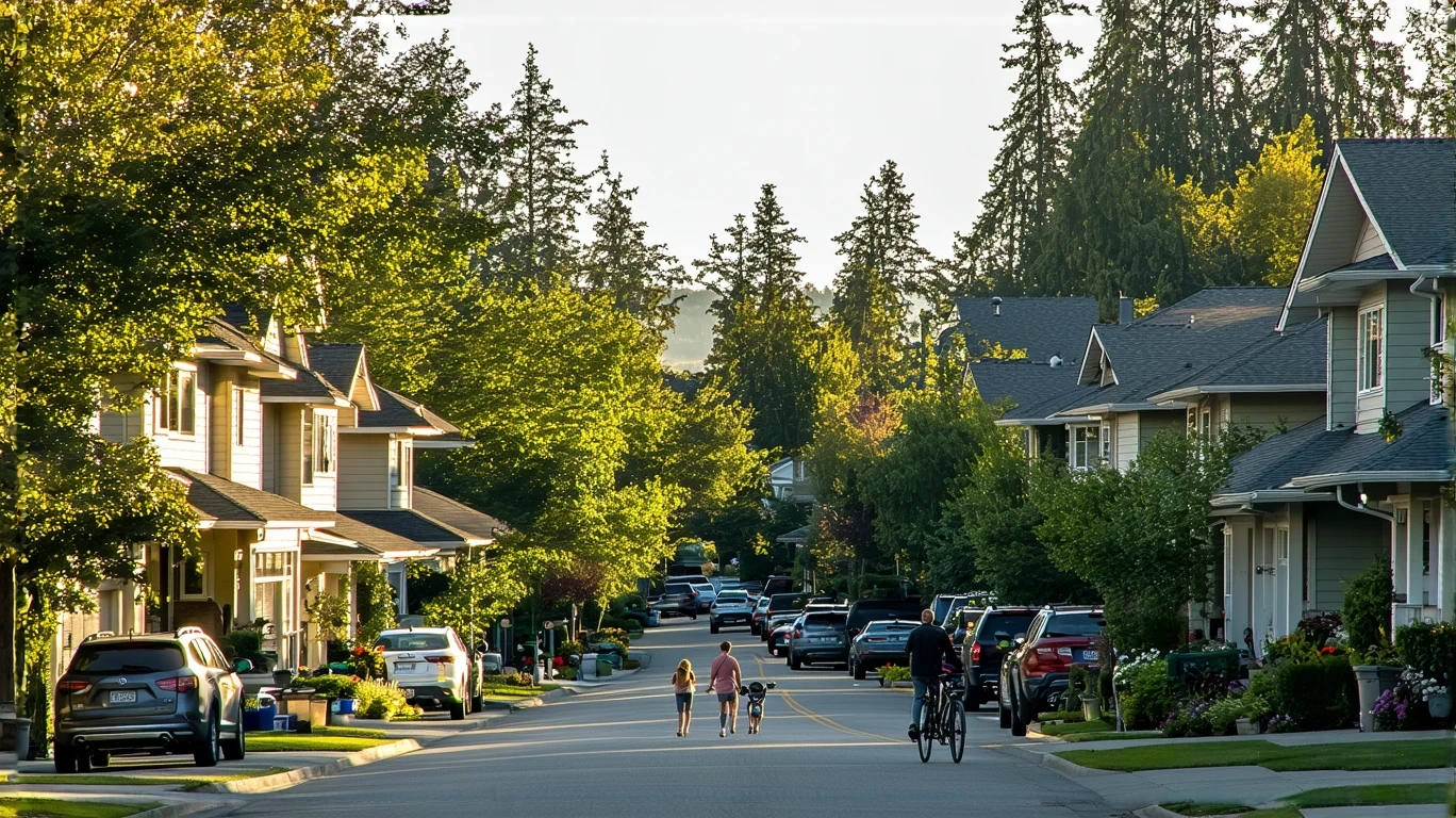 A quiet suburban street in Kirkland, WA with craftsman-style homes, a couple walking their dog, and a child riding a bike.