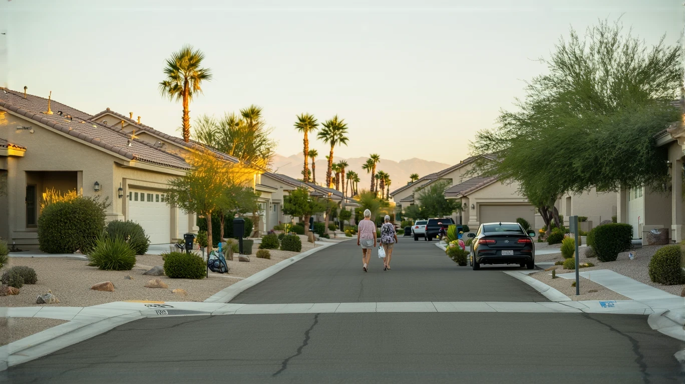 A senior couple walks along a quiet residential street lined with stucco homes in Henderson, Nevada.