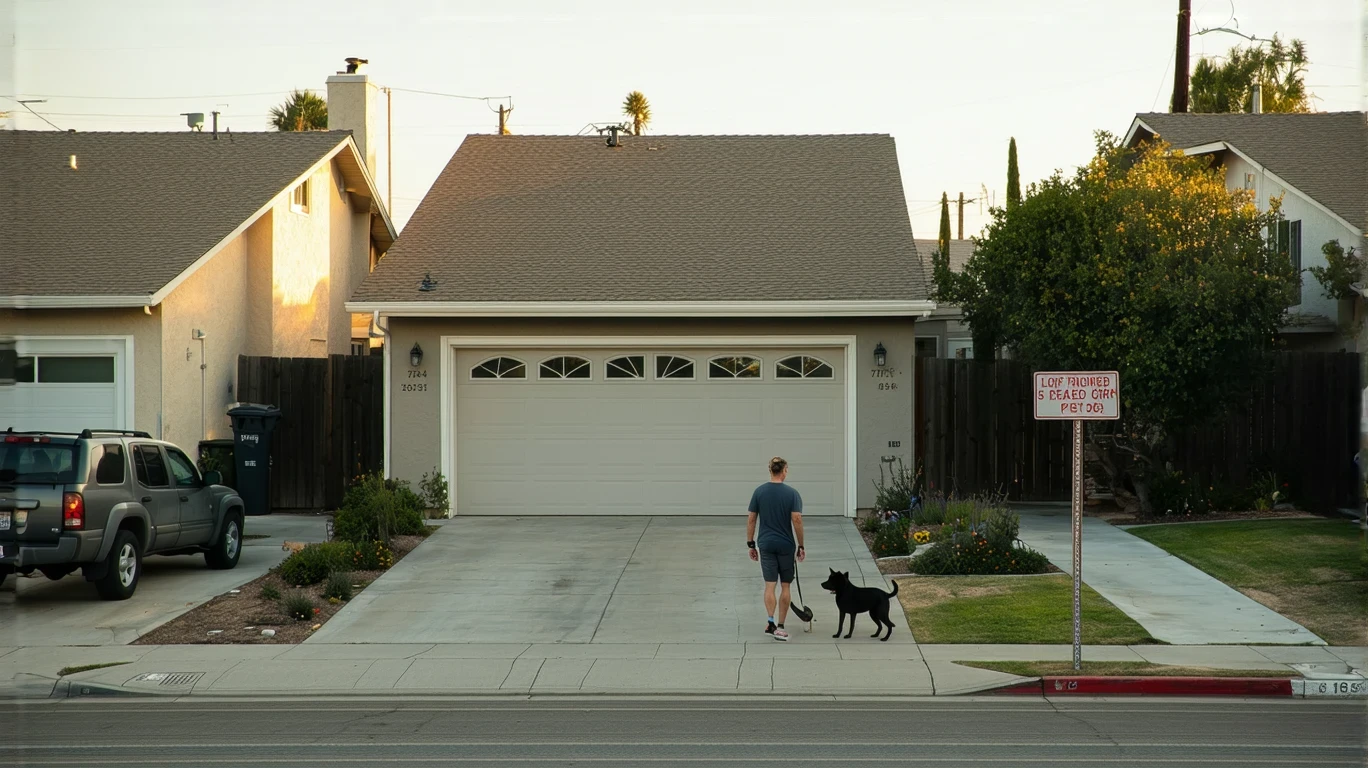 Modest single-family home on a residential street in Lemon Grove, California with a person walking their dog on the sidewalk.