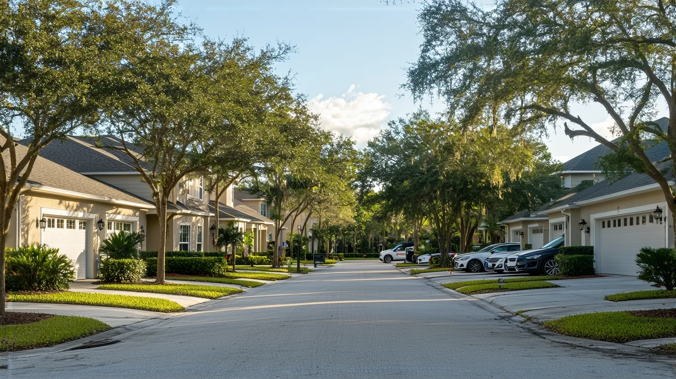 A sunny suburban street in Wesley Chapel with stucco homes and parked cars.