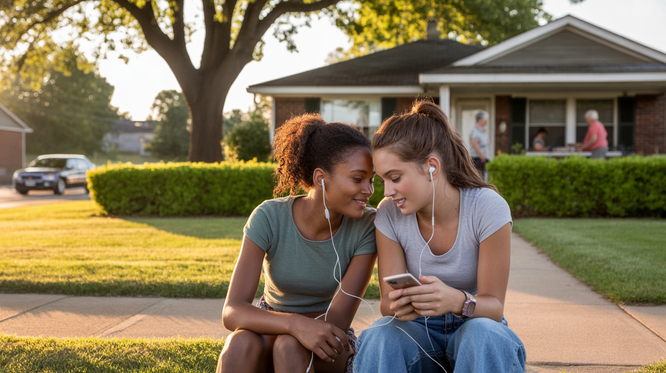 Two teenage girls sharing earbuds on the front steps of a suburban home in Okolona, Kentucky