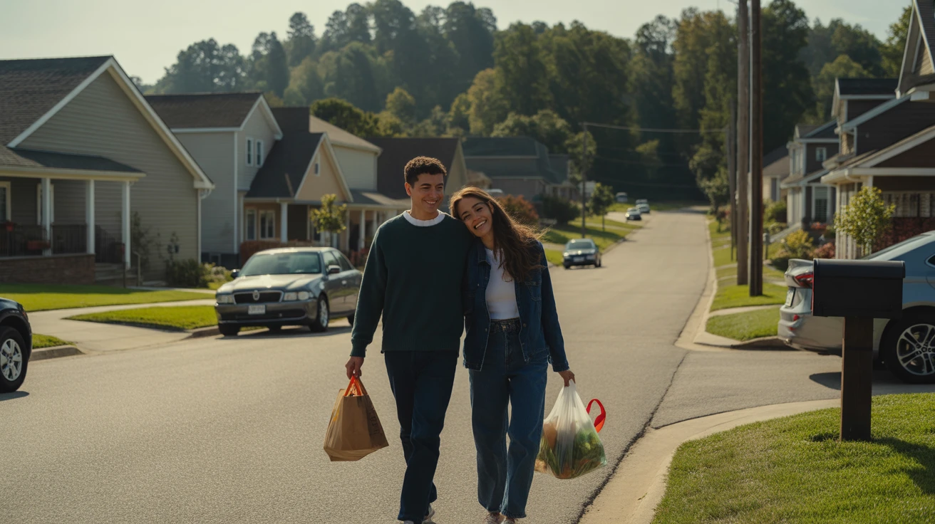 A couple carrying groceries up the driveway of their suburban home in Gallatin, Tennessee on a clear afternoon.