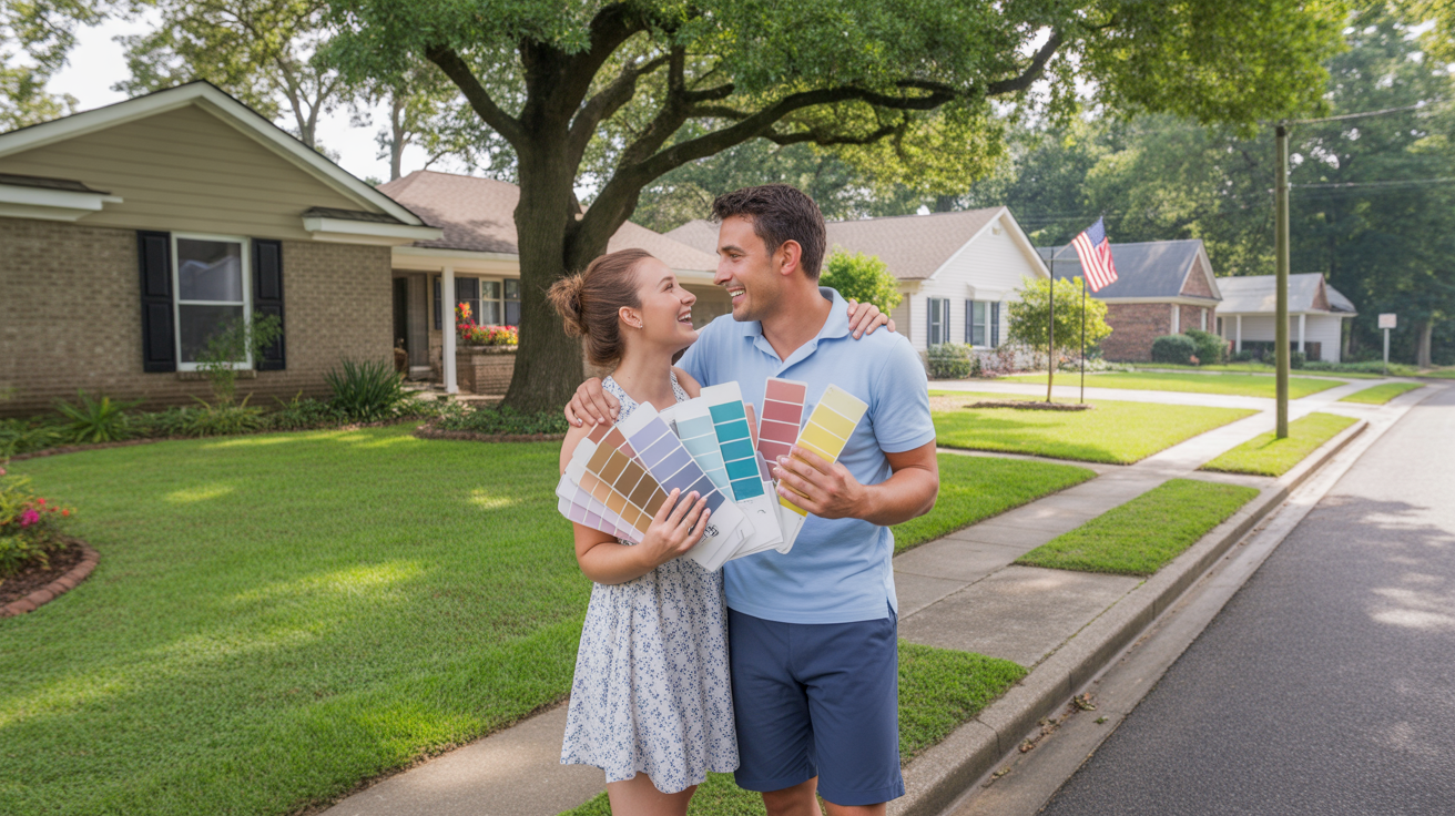 Couple comparing paint swatches outside brick home in Matthews, NC suburb