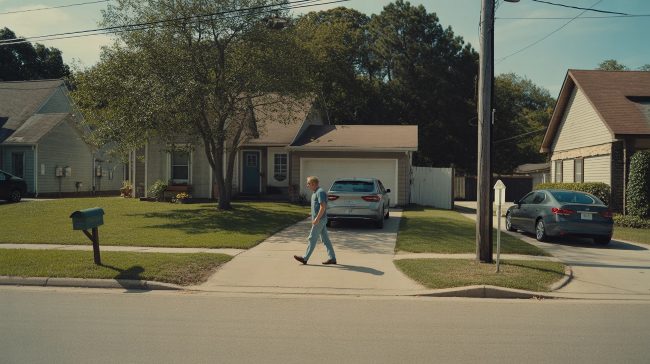 Exterior view of a modest single-family home in La Vergne, TN with a man walking to his car in the driveway on a sunny day.