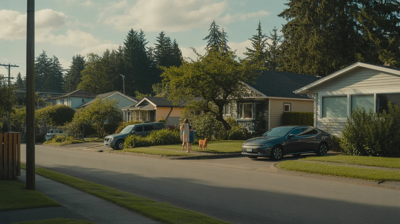 A quiet tree-lined residential street in Seattle with a few modern homes and cars parked in driveways on a partly cloudy summer day.