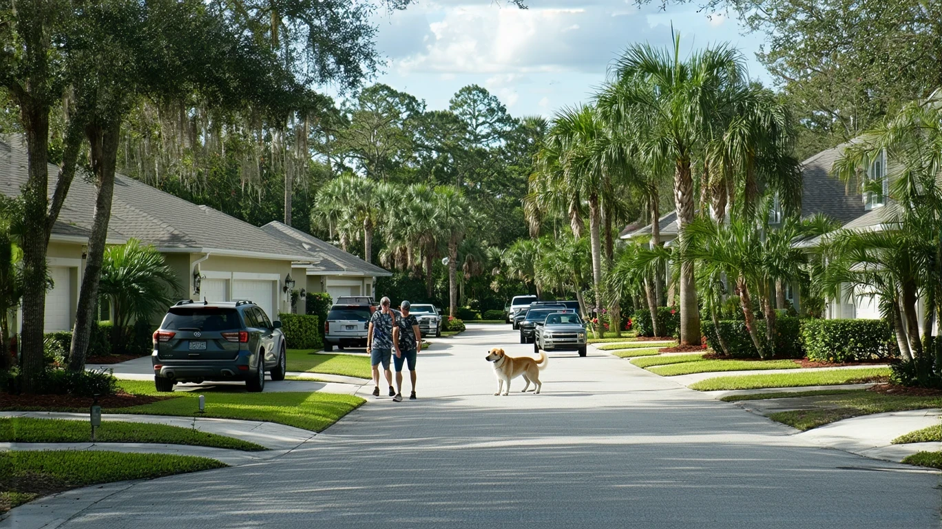 A sunny suburban street in Sanford, Florida with craftsman homes, two parked cars, and a couple walking their dog on the sidewalk.