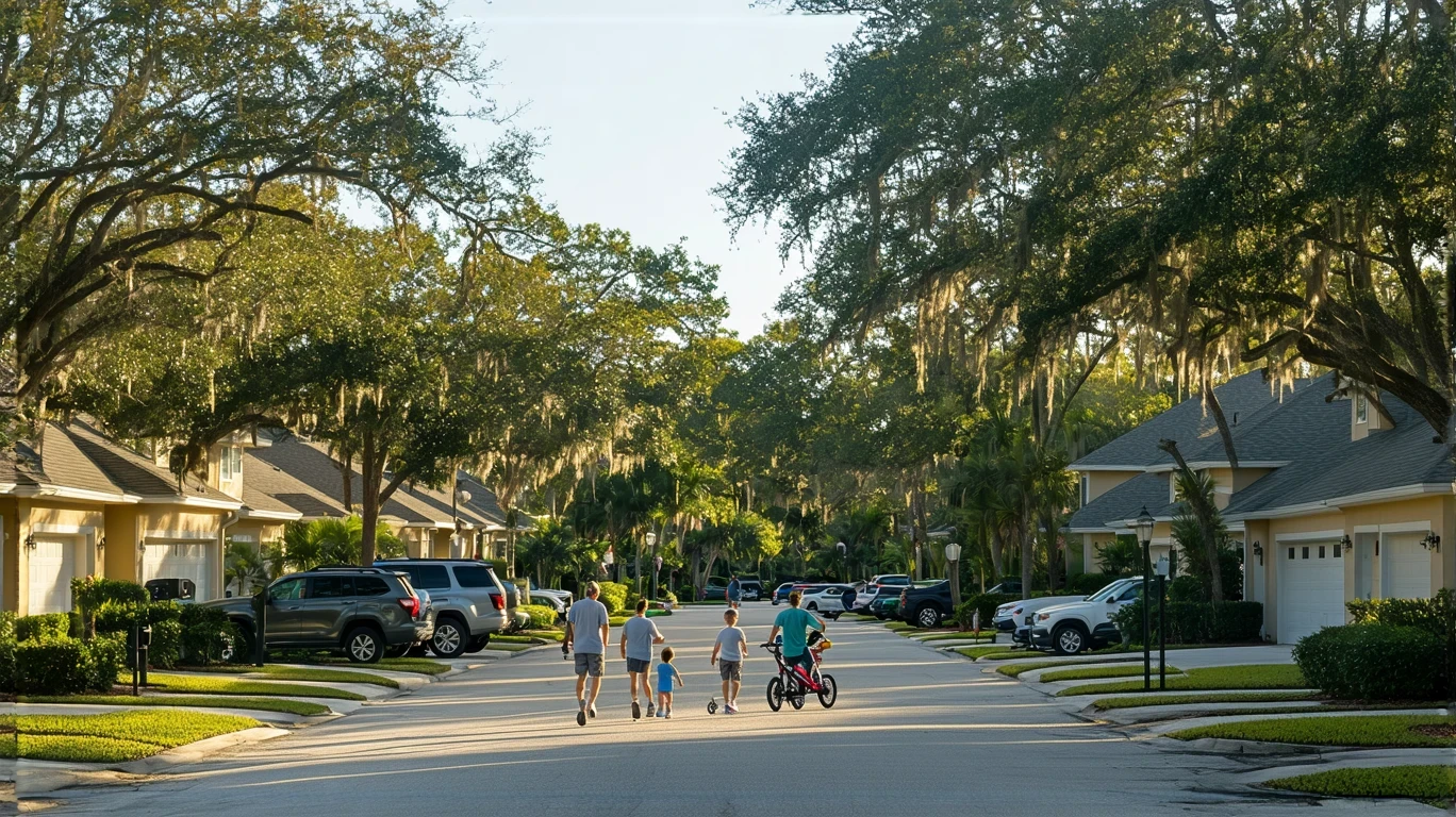 A sunny suburban street in Altamonte Springs, Florida with a young family walking down the sidewalk past a row of well-maintained stucco homes.