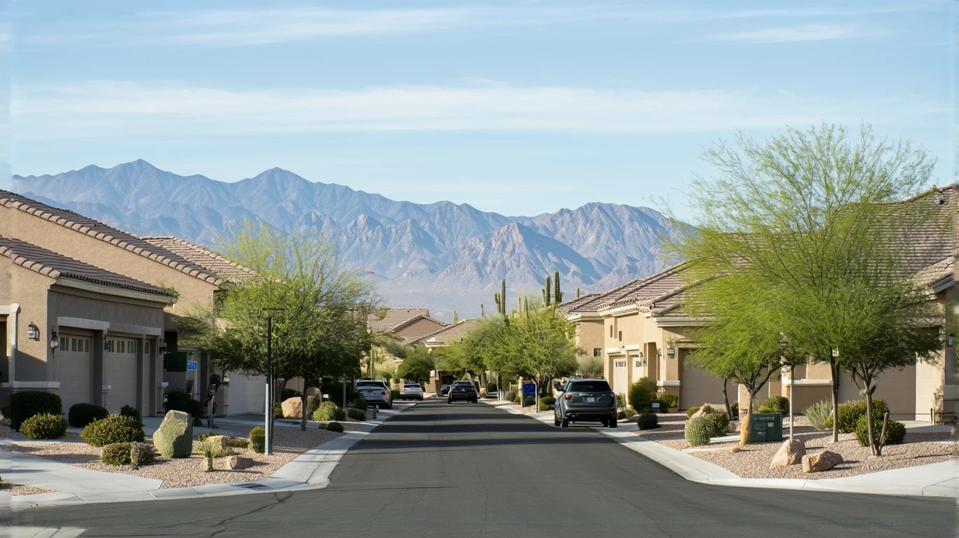 A sunny residential street in Blue Diamond, Nevada with stucco homes, xeriscaped yards, and mountains in the distance.