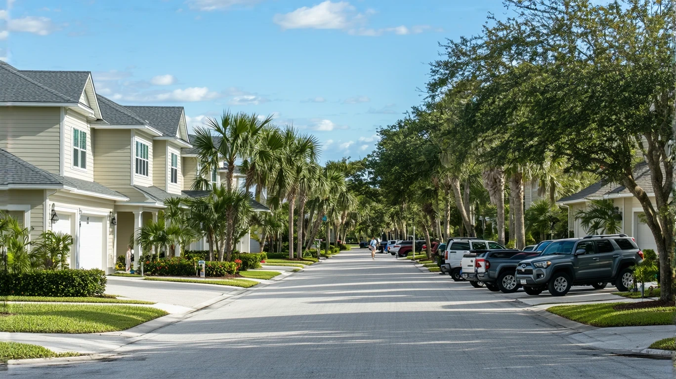 A sunny residential street in St Petersburg, Florida lined with well-kept craftsman-style homes and tidy landscaping.