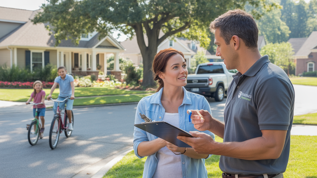 Homeowner discussing lawn care fees with landscaper outside suburban home in Matthews, NC