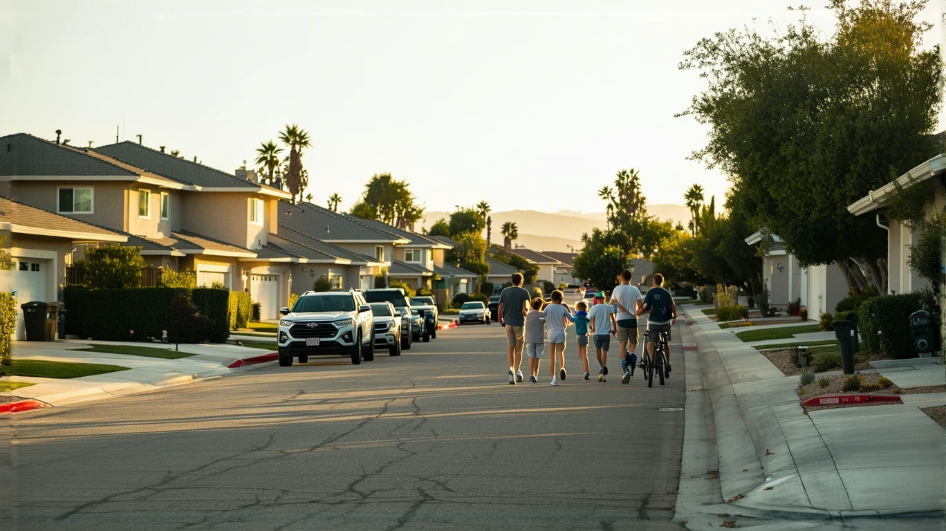 A young family walks down a quiet residential street lined with modern homes in Lemon Grove, California.