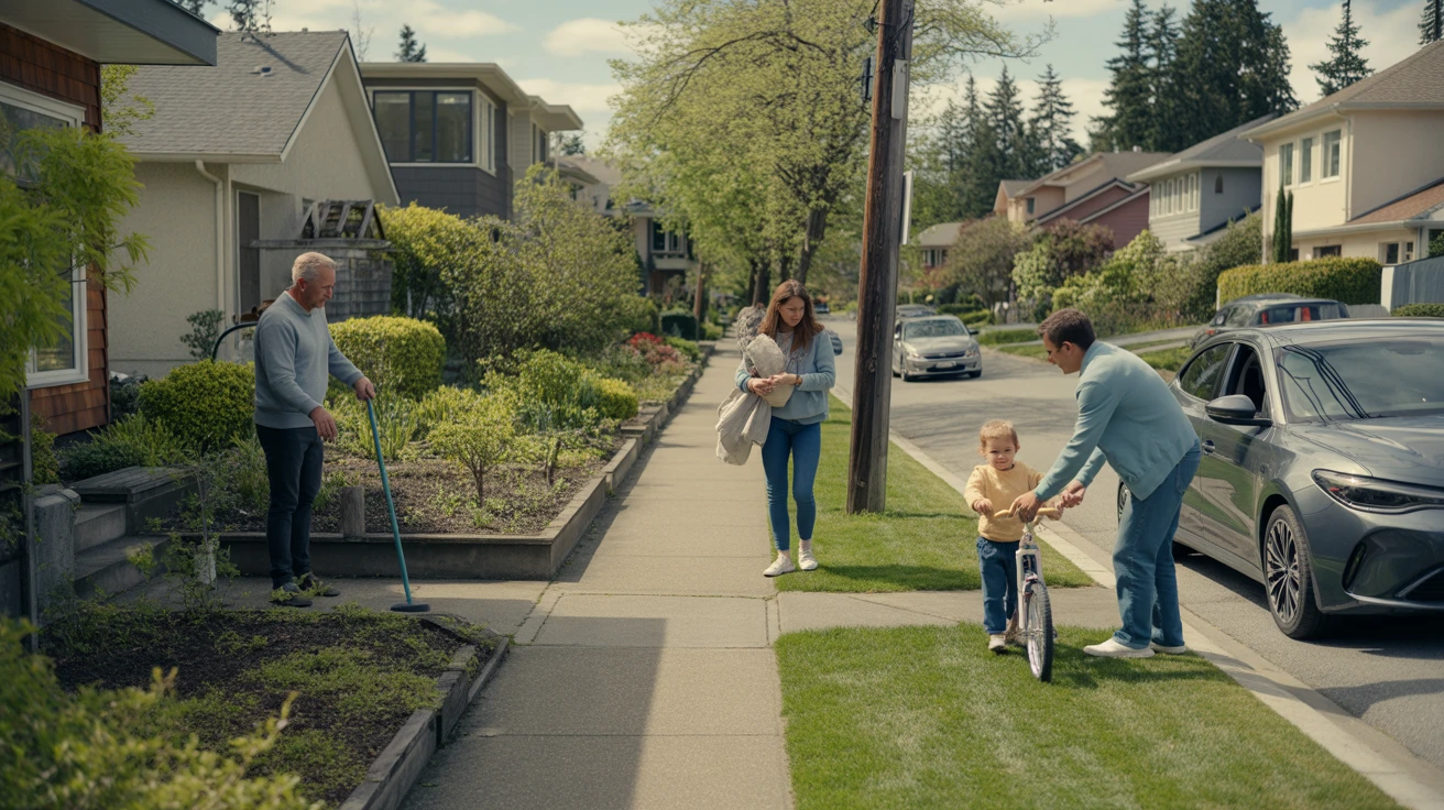 A quiet residential street in Bellevue on a sunny day, with people casually going about their daily routines outside well-maintained modern homes.