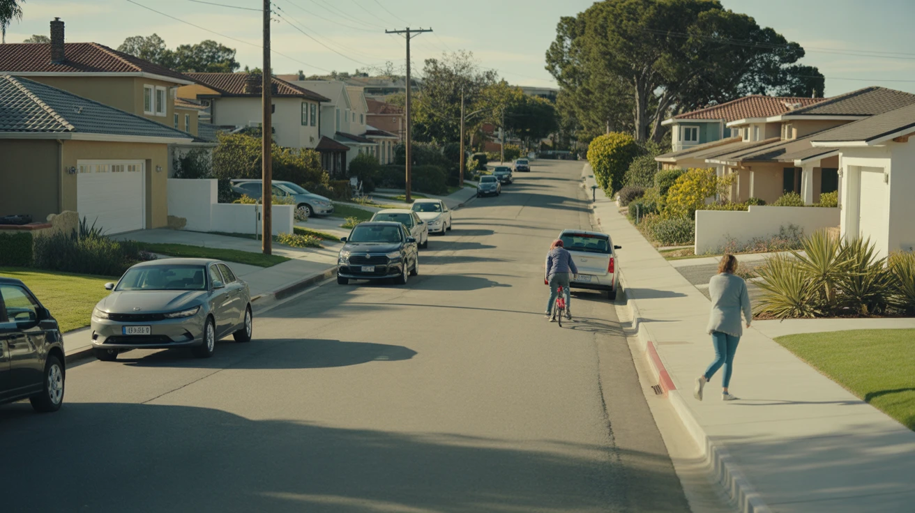 A sunny residential street in Vista, California lined with modern stucco homes and drought-tolerant landscaping. A few residents walk or tend to yards.