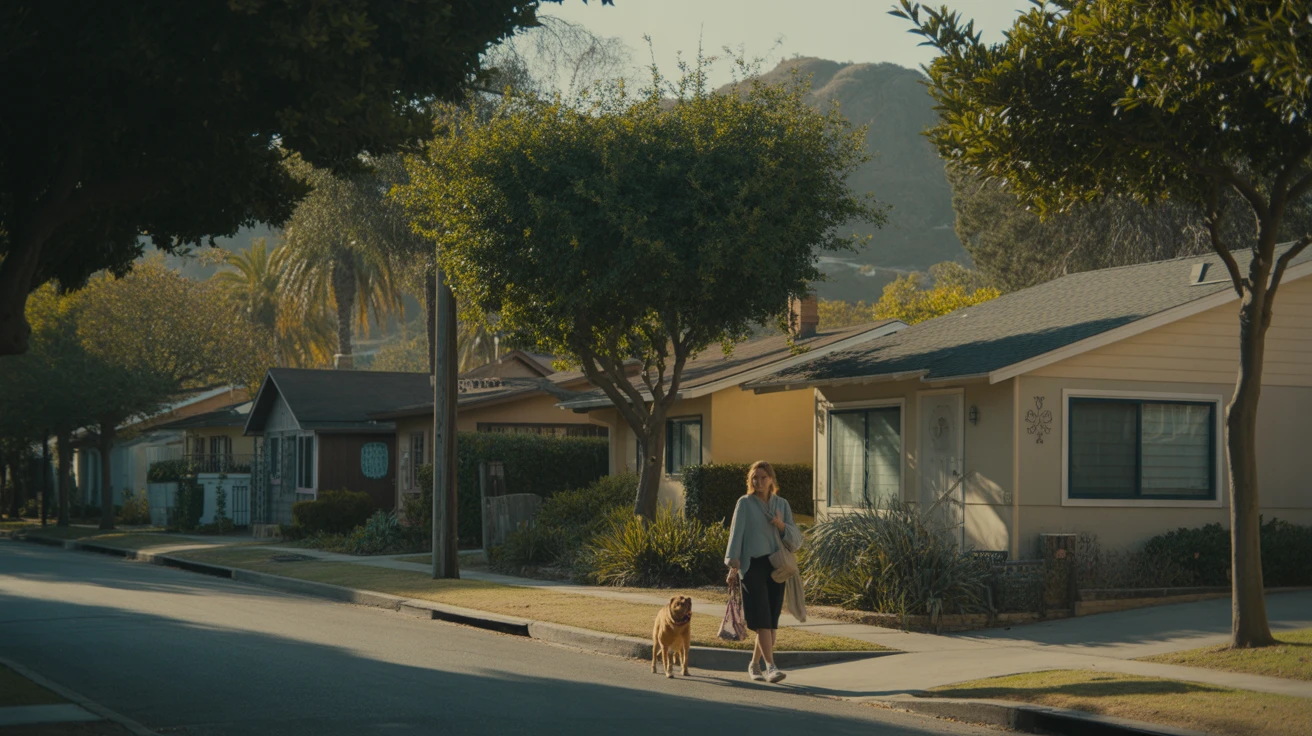 A suburban street in La Mesa, CA with one-story homes and trees, a woman walking her dog at sunrise.