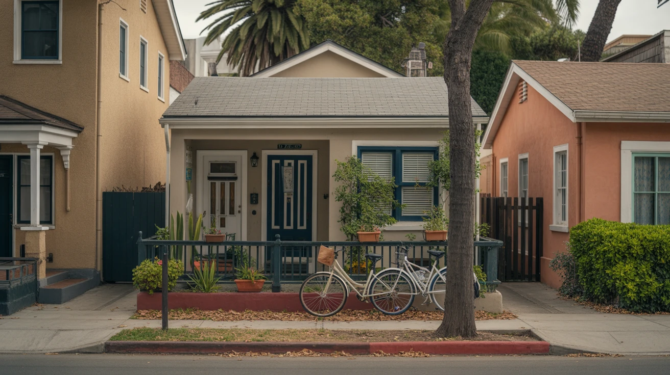 An apartment building in San Diego with bicycles by the doors, potted plants, and historic architectural details.