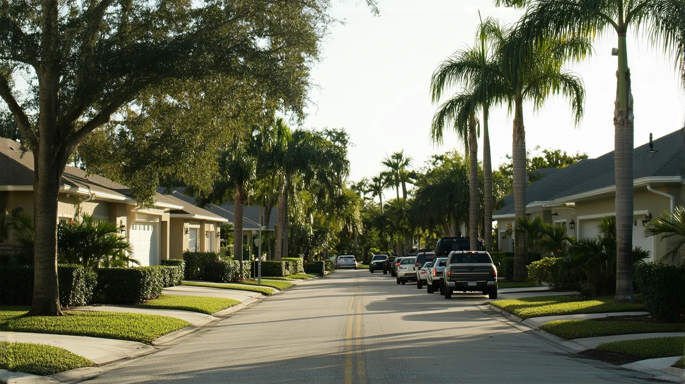 Sunny residential street in Clearwater with stucco homes and palm trees