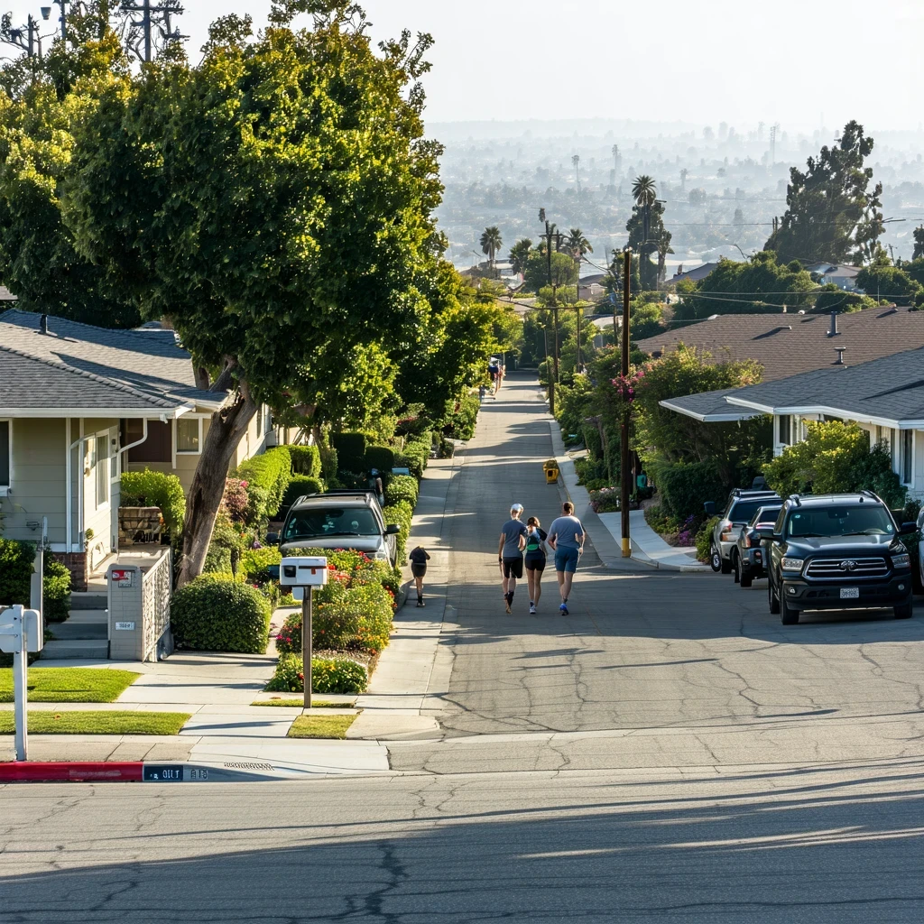 A quiet street in a La Mesa neighborhood lined with modest single-family homes and parked cars.