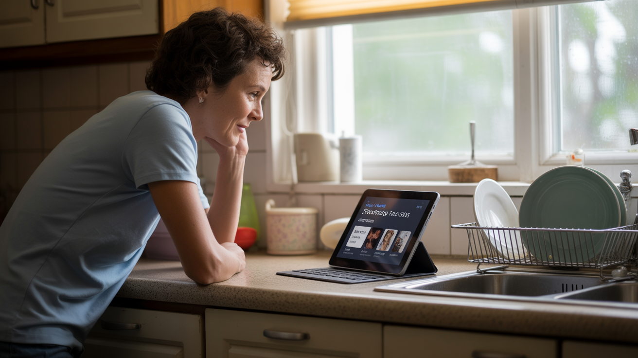 Person looking at streaming service prices on tablet in kitchen